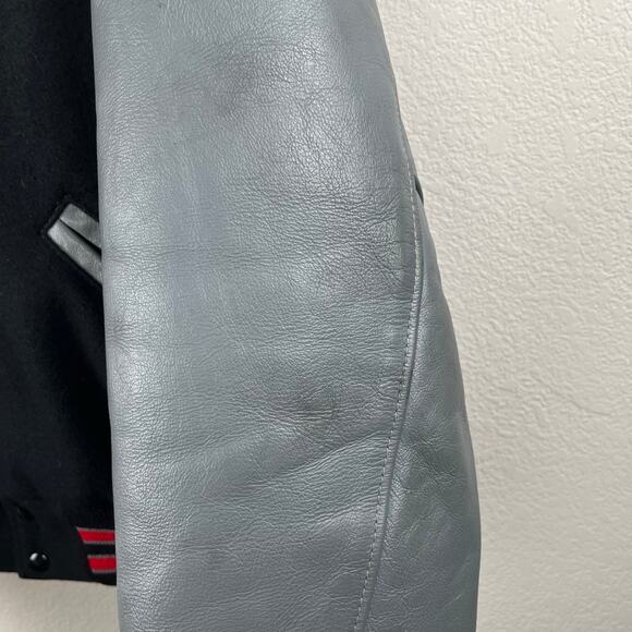 1990 Vintage Dehen Papa Murphys Black Gray Leather Wool Varsity Bomber Jacket XL - Picture 14 of 15